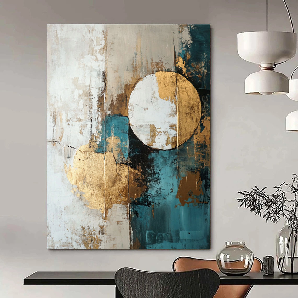 Large abstract painting featuring shapes and lines in white beige teal blue and brown with gold foil accents.STSC193