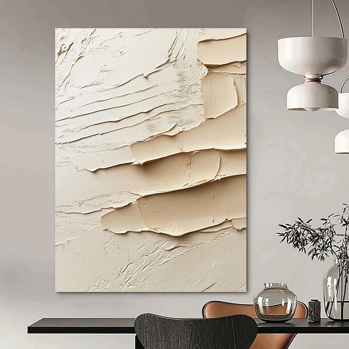 Large abstract painting showcasing soft clay textures in shades of beige and cream with sculptural potential reflecting Abstract Expressionism.STSC1284
