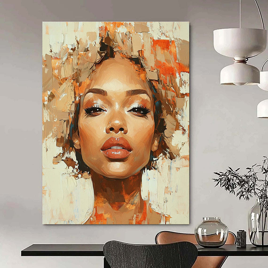 A Large Abstract Painting Featuring An African American Woman With Curly Hair In Ethereal Shades Of Brown Beige Gold And Red-Orange.STSC862