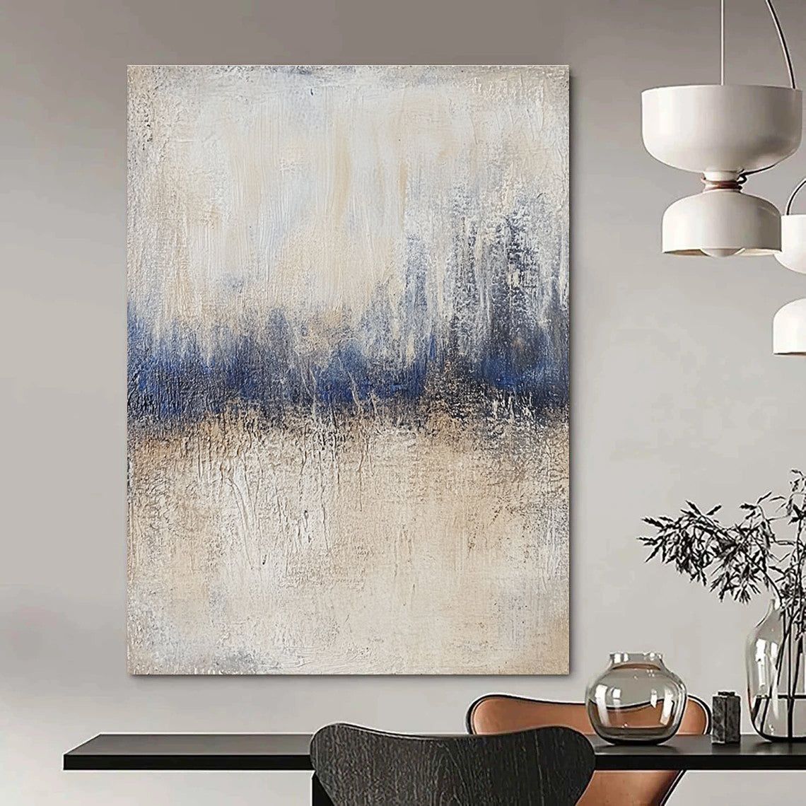 Large abstract painting featuring textured beige and blue tones with vintage aesthetics and impasto technique on a layered gray background.STSC732