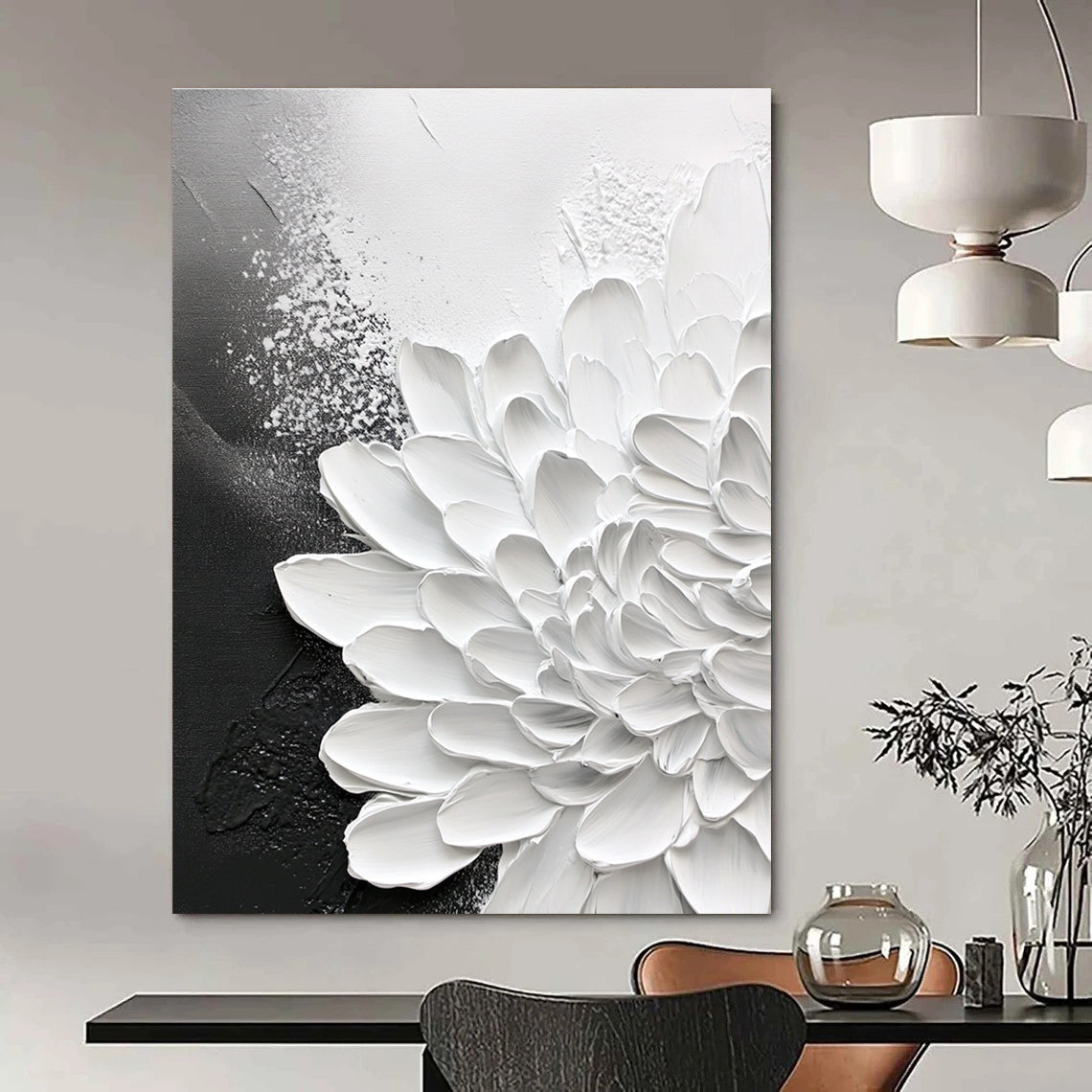 Large abstract painting of chrysanthemum on textured canvas with black and gray background featuring stunning close-up details.STSC518