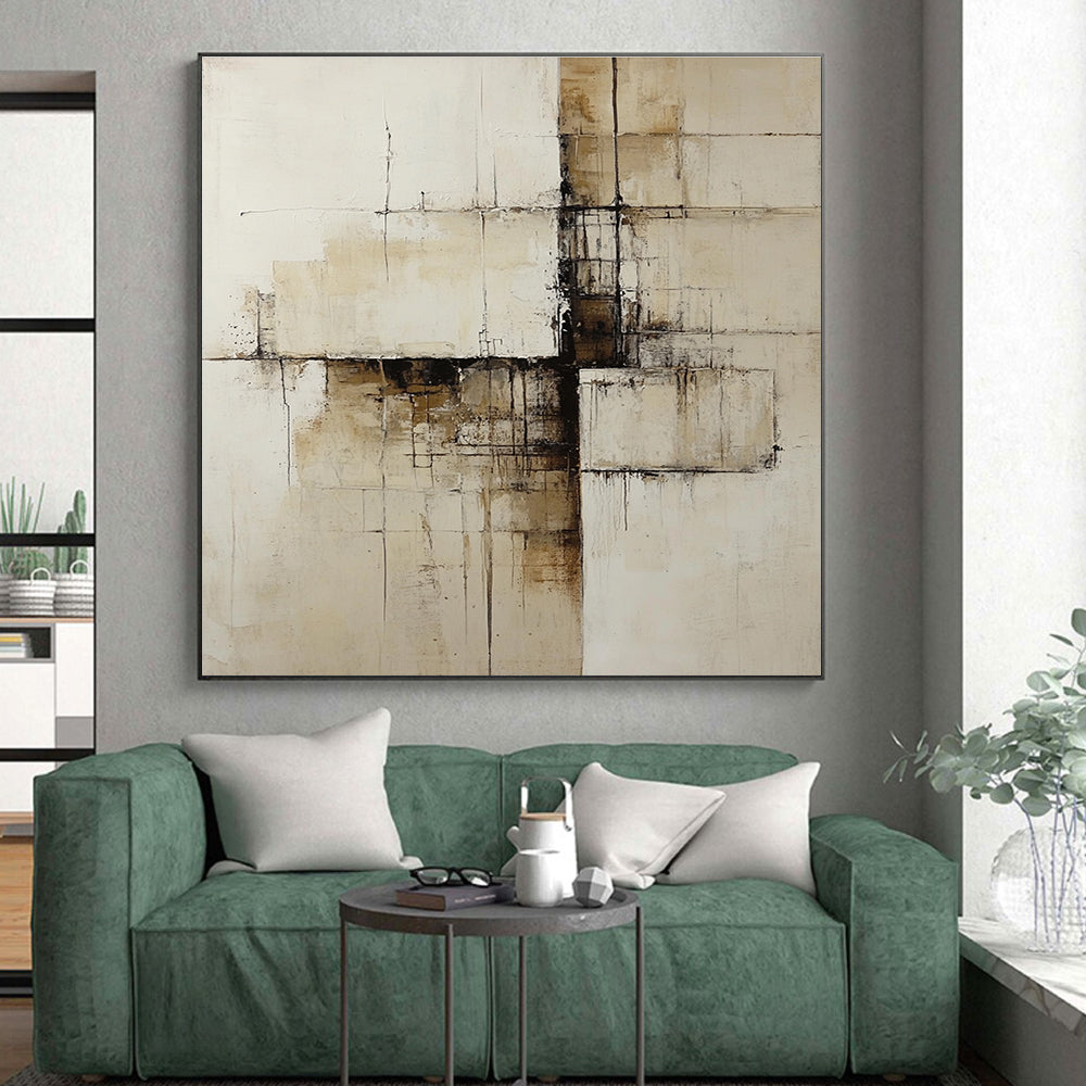 Beige and Brown Abstract Painting with Architectural Lines GER547
