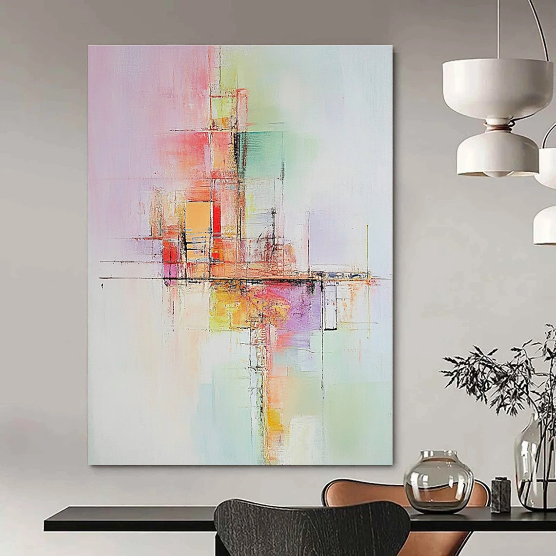 Large abstract painting with soft pastel colors depicting abstract buildings conveying calmness and dynamic balance enhanced by warm tones and textures.STSC803
