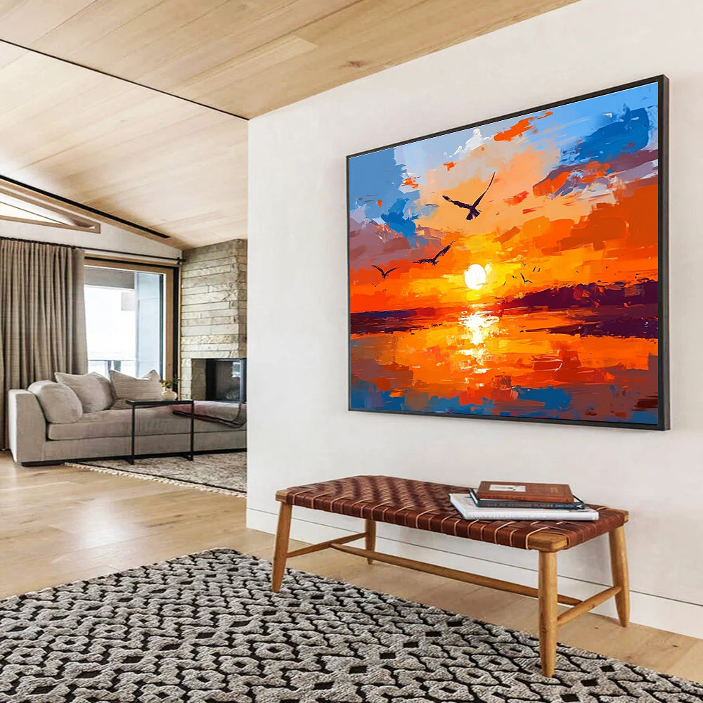 Vibrant Sunset with Birds Abstract Painting in Orange and Blue DYP443