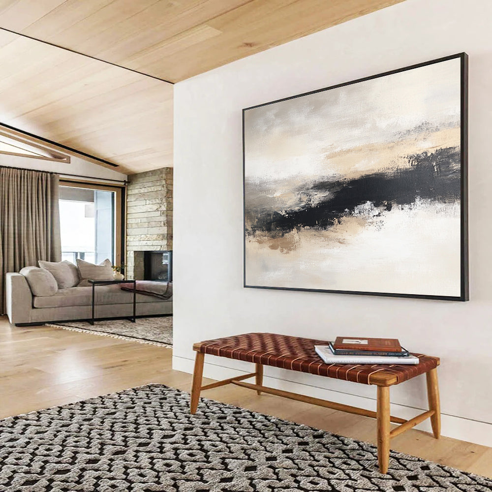 Beige and Black Abstract Painting with Landscape Motifs DYP405
