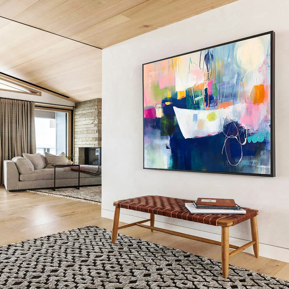 An abstract expressionist painting featuring vibrant colors and loose brushstrokes illustrating the journey of the first female sailor to England.SC306