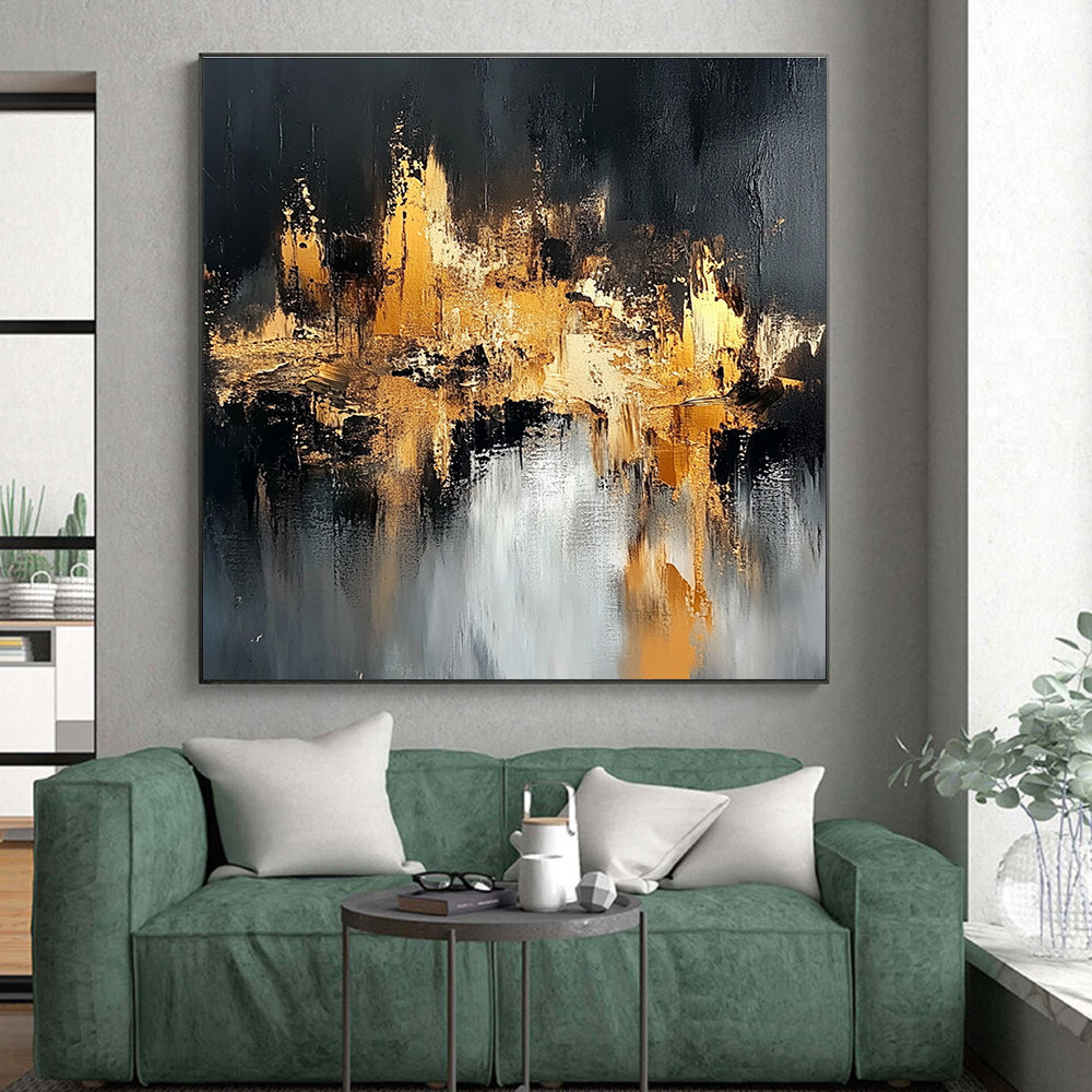 Black Gold and Silver Abstract Painting with Cityscape Inspiration GER643