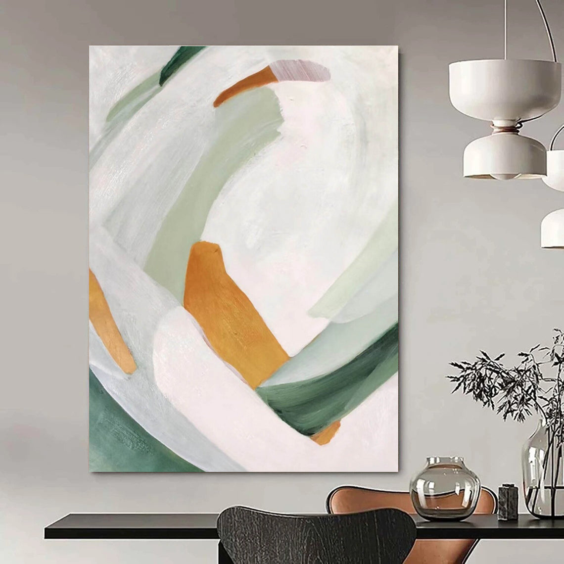 White Green and Gold Abstract Painting ADGE257