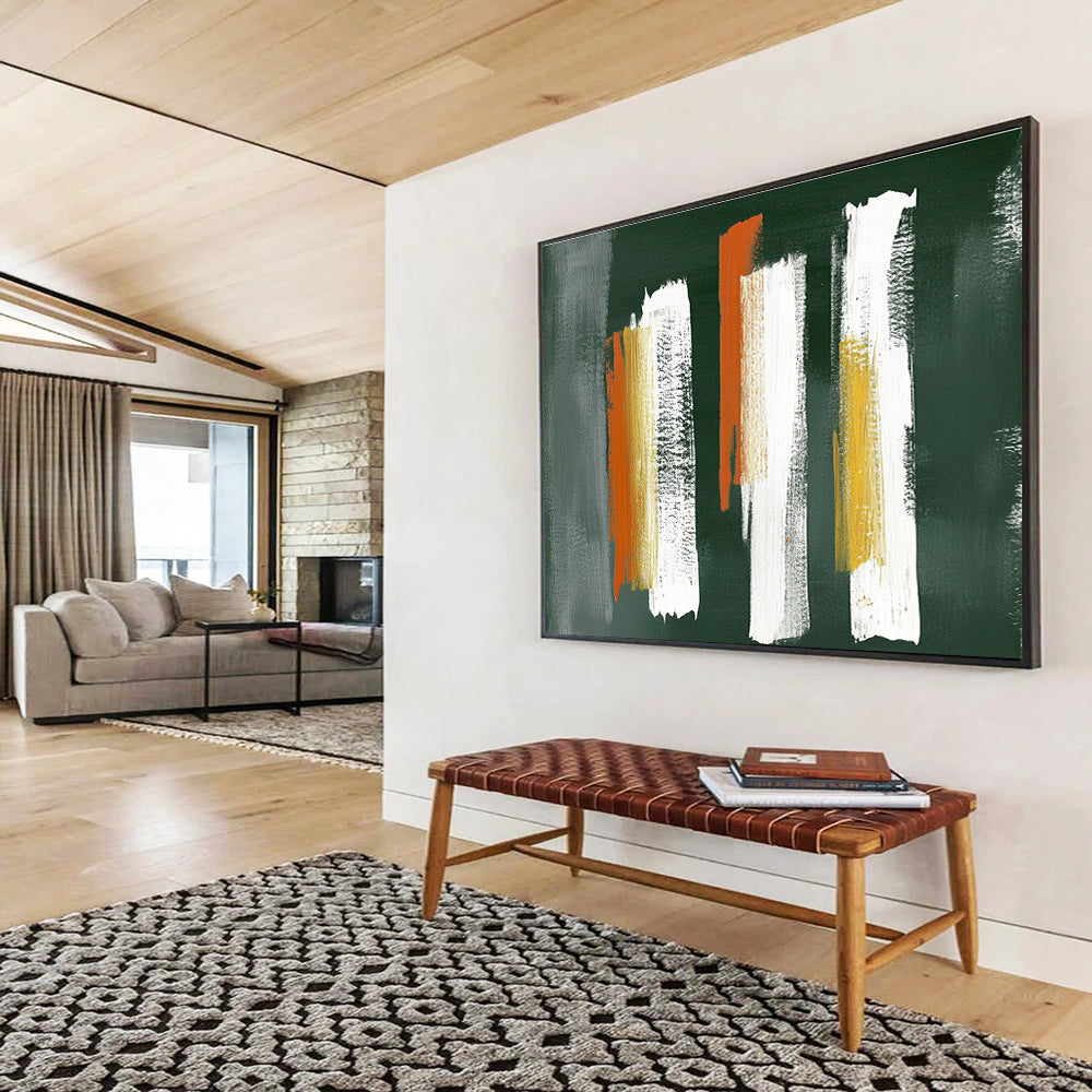 Large abstract painting featuring five vertical brushstrokes in gray white and orange on textured dark green paper in the style of Peter Lefferts.SC494