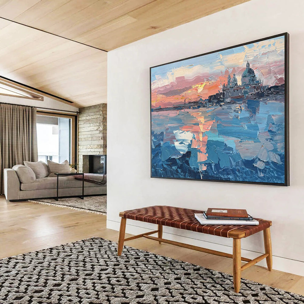 Pink Orange Blue Venice Sunset Abstract Painting THY460