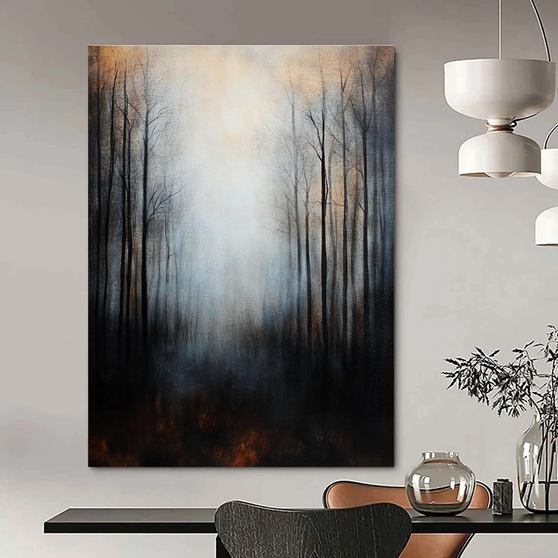 Large abstract painting depicting misty forest trees in dark tones with a surreal ambiance and intricate details for a moody atmospheric effect.STSC061