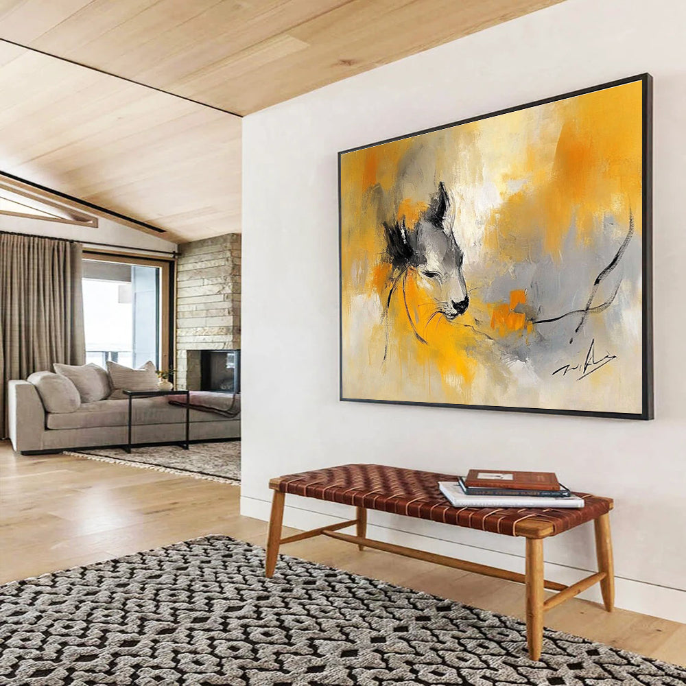 A large abstract painting featuring an animal in shades of yellow and gray, blending the styles of Zao Wou-Ki and Pablo Picasso.SC335