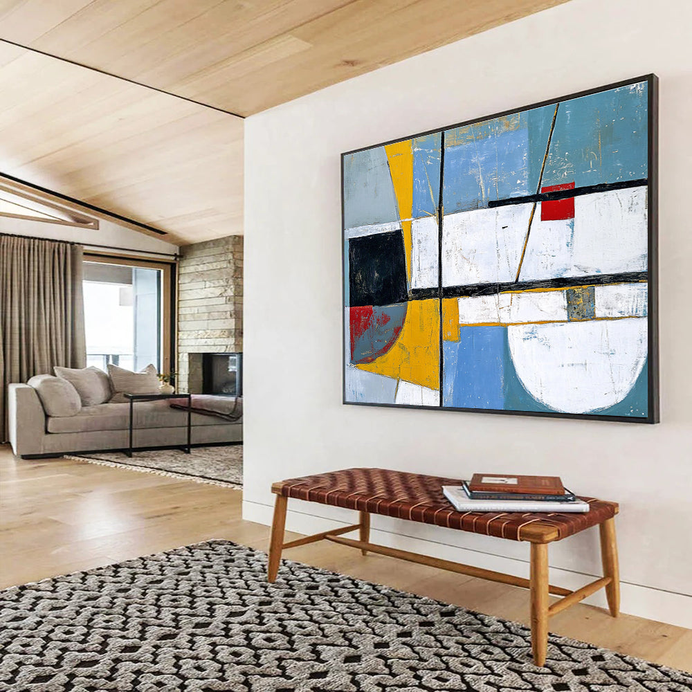 An abstract painting featuring white, blue, and grey shapes enhanced with yellow and red accents in the style of Paul Cézanne.SC391