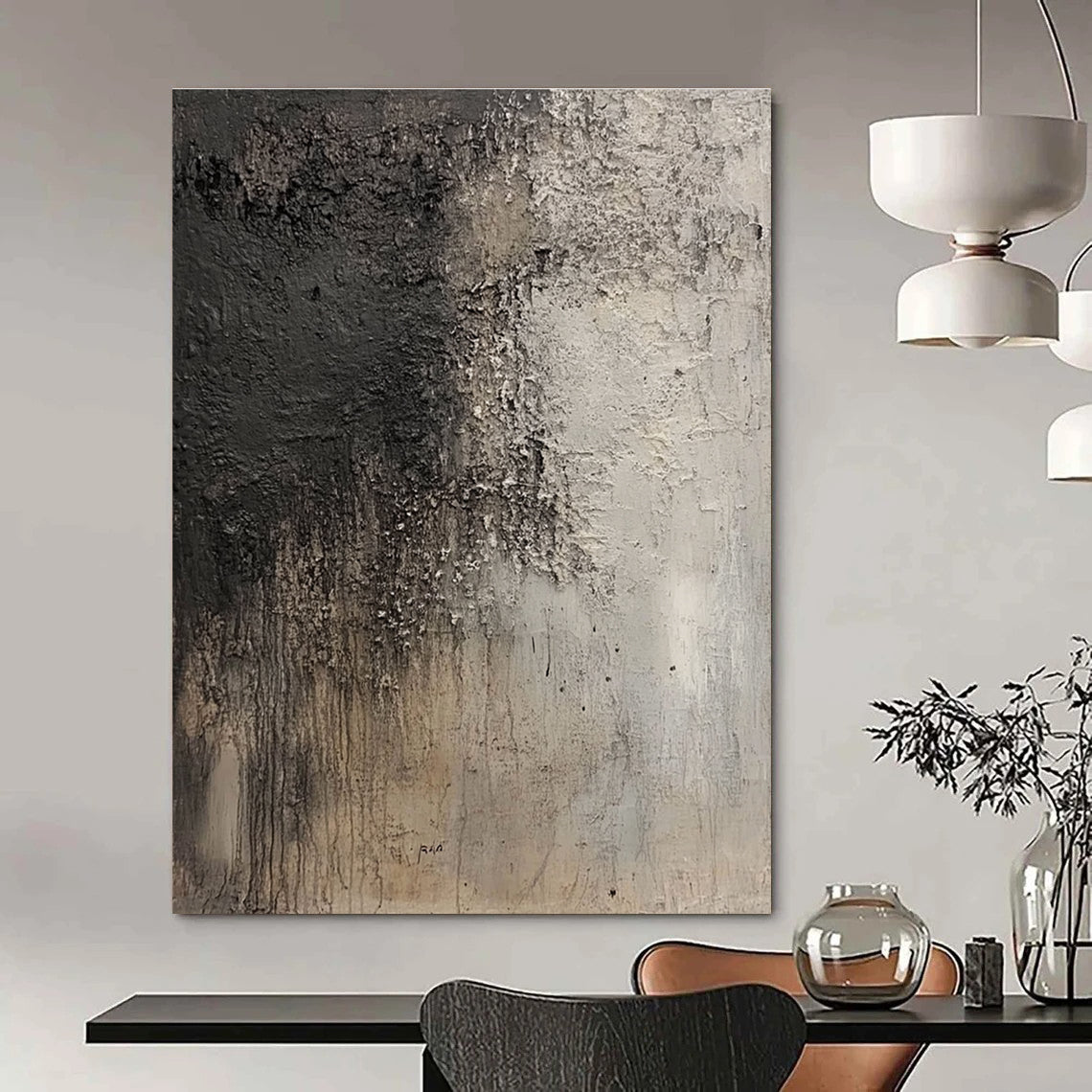 Large abstract painting resembling an ancient cave wall in grey and dark brown with intricate texture and floating dust particles.STSC632