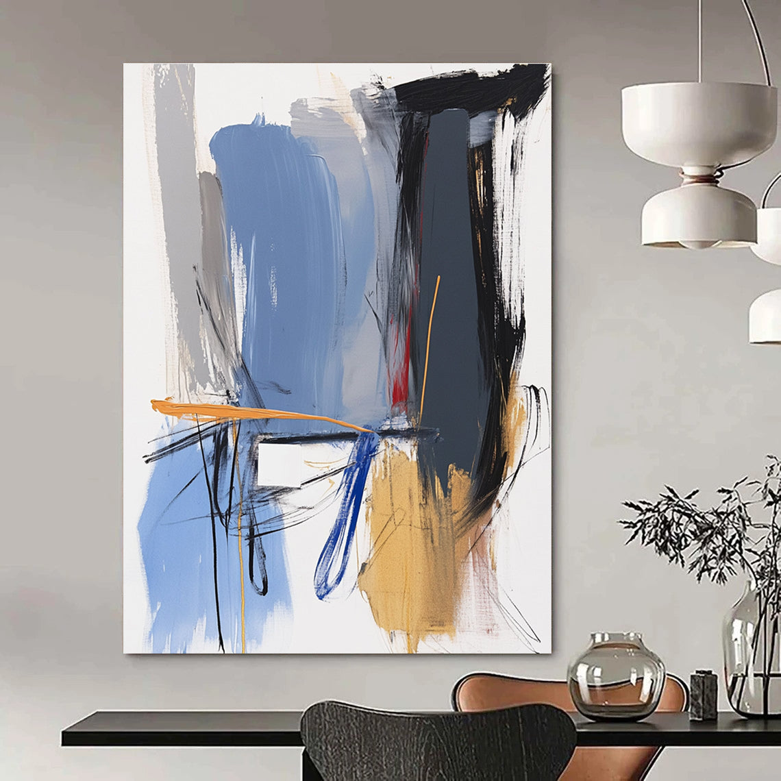 Abstract painting featuring blue grey and gold hues with a white square and expressive forms in impasto style.STSC743