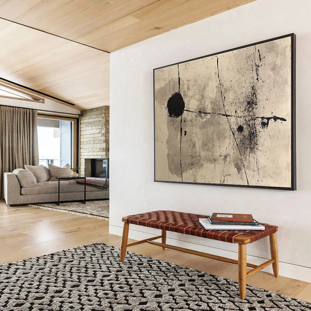 Large abstract painting with black ink, lines and shapes inspired by John Rolf Bauer, featuring neutral tones on paper.SC093