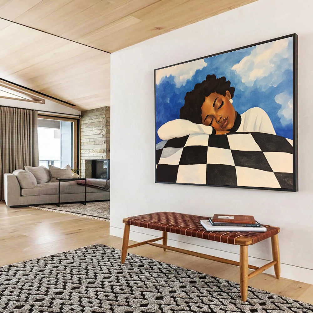 Dreamy Sleep Portrait Abstract Painting with Blue and Black White Tones DYP561