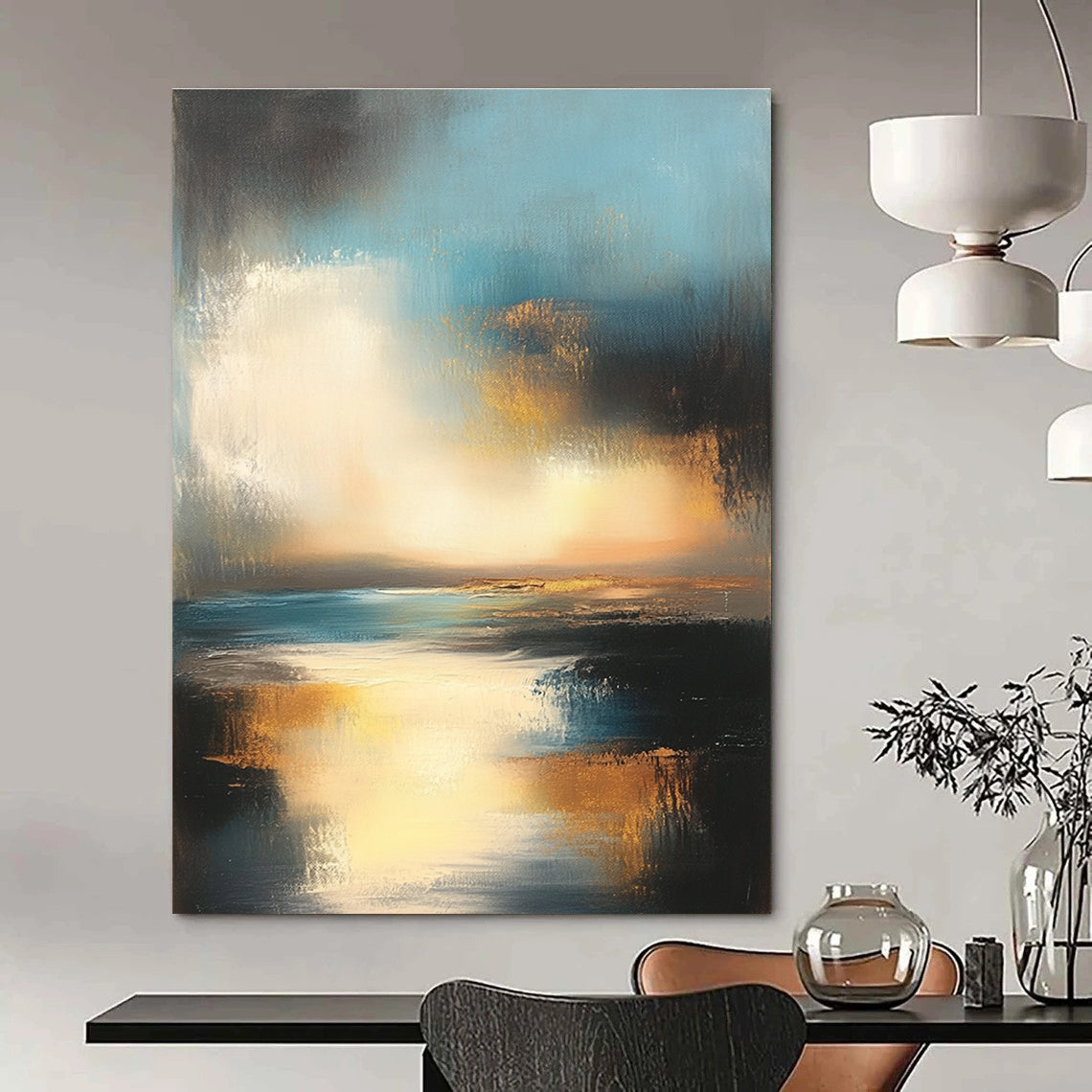 Large abstract oil painting depicting the ocean and sky at sunset with muted colors and gold accents for a serene ambiance.STSC196