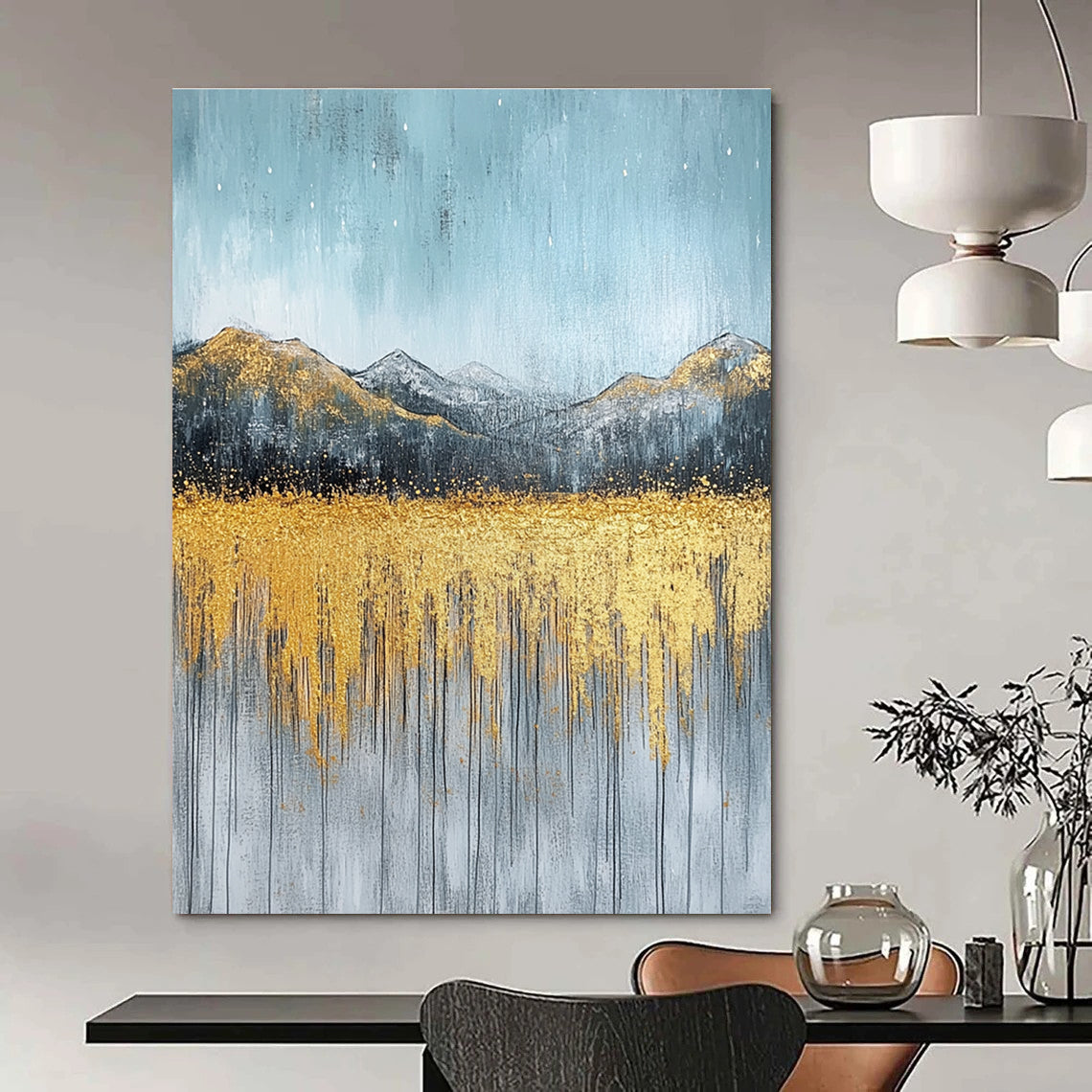 Large abstract painting with gold and silver on textured canvas featuring a serene sky golden mountains and soft gray grass.STSC097