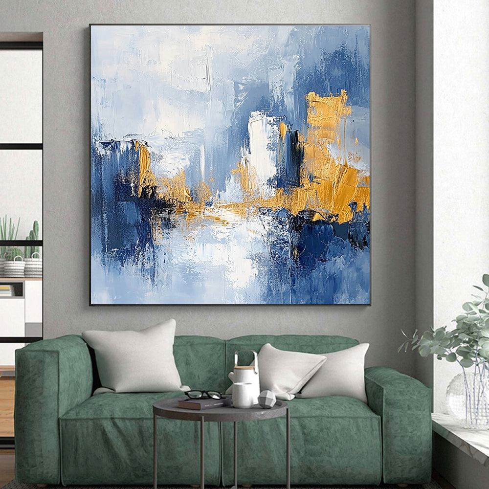 Sky Blue and Gold Abstract Painting with Urban Skylines GER378