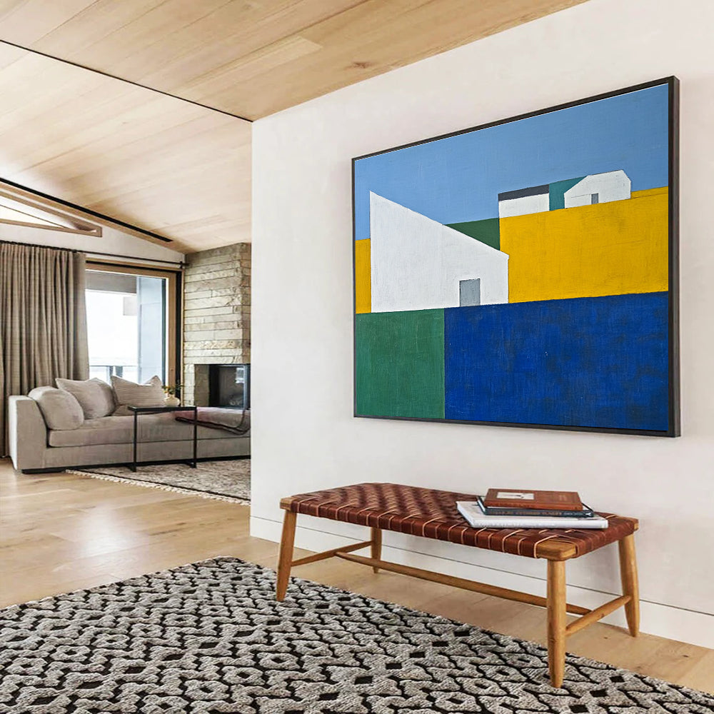 An abstract painting featuring a blue sky yellow grass green trees and a white house amidst geometric forms in minimalist style.SC511