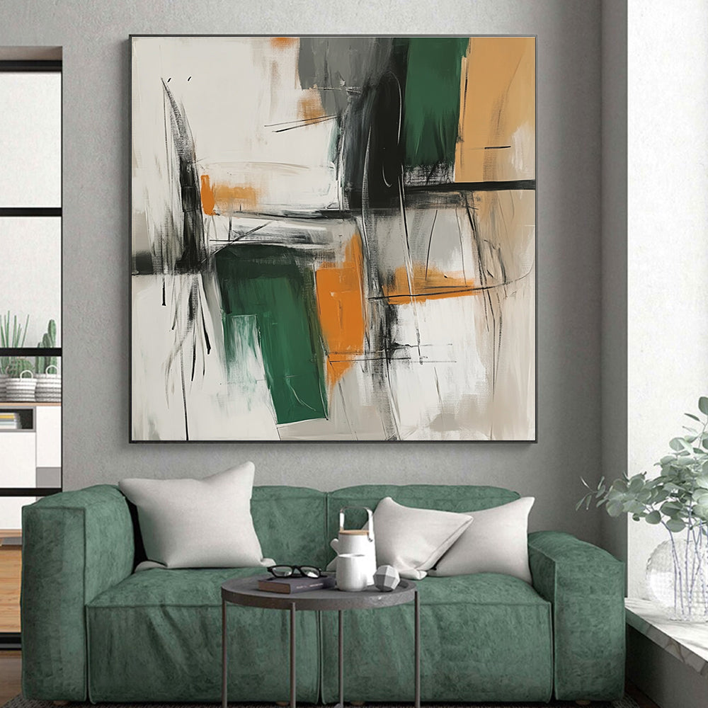 Green Orange Abstract Painting with Intersecting Lines GER817