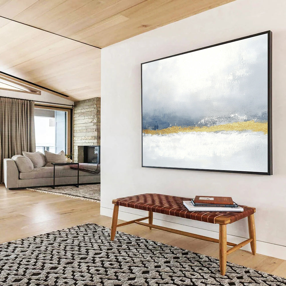 Large abstract painting in muted gray and blue with gold accents soft texture and calming minimalist style perfect for any space.SC066