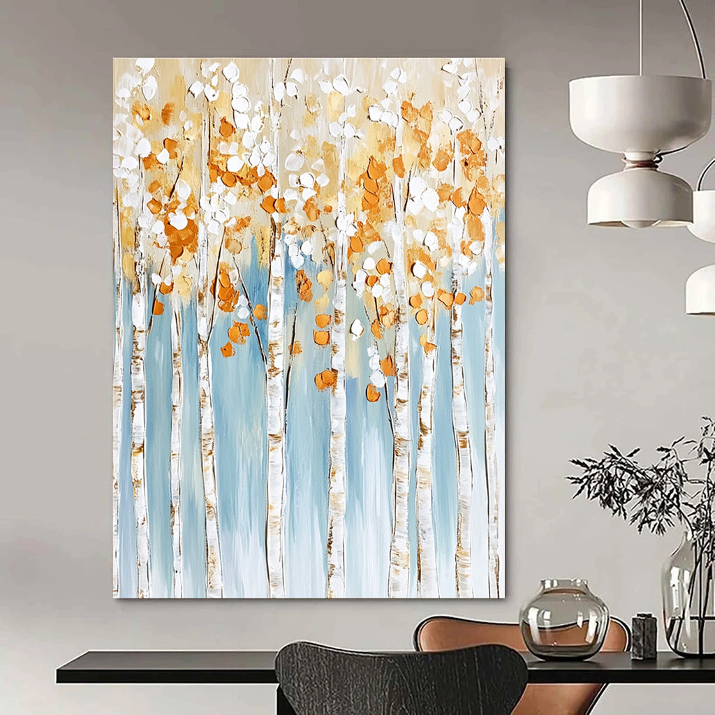 Large abstract painting featuring birch trees with white and gold leaves on a light blue background with textured brushstrokes in neutral tones.STSC302