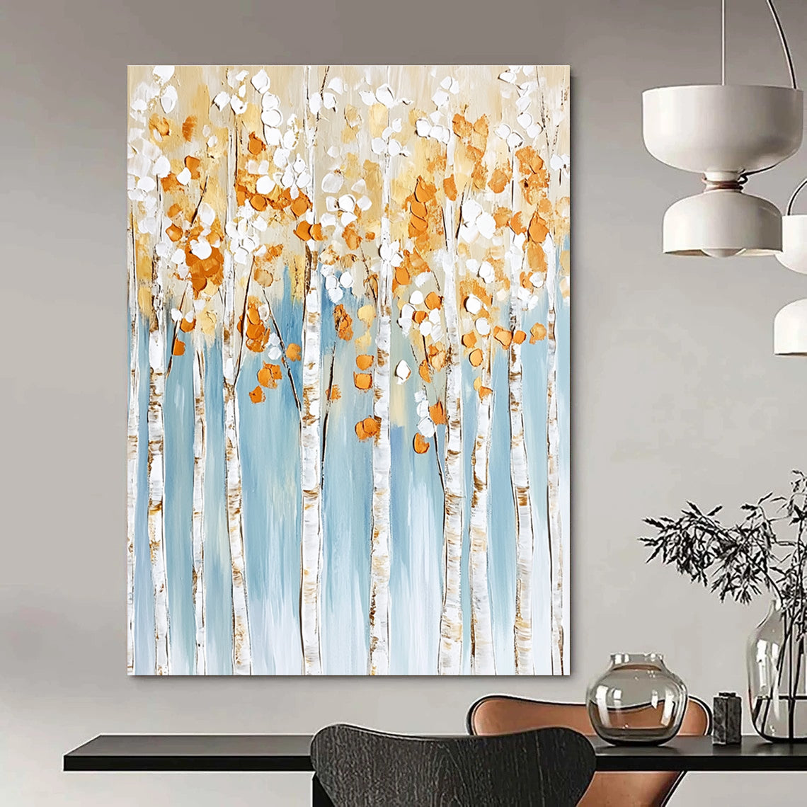 Large abstract painting featuring birch trees with white and gold leaves on a light blue background with textured brushstrokes in neutral tones.STSC302