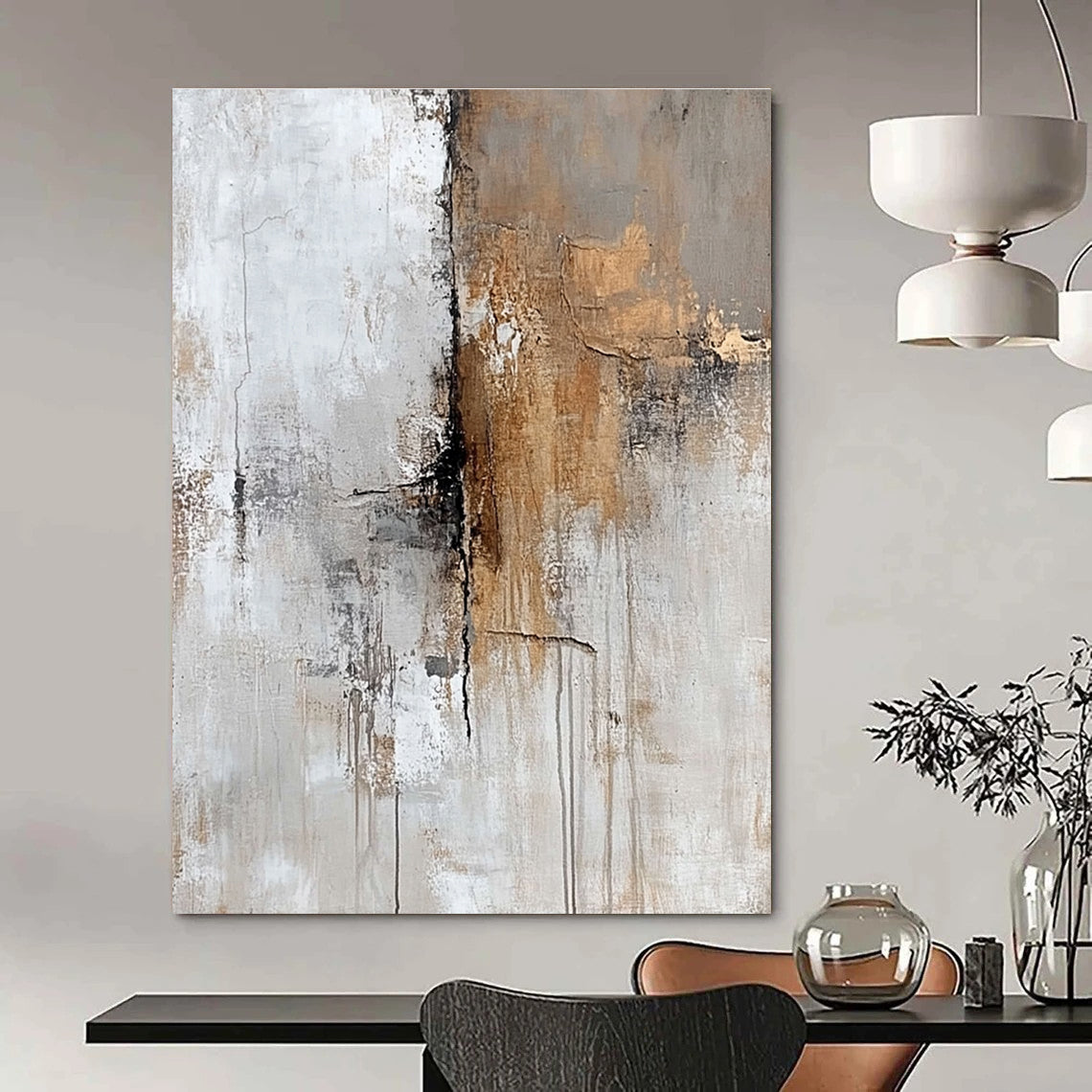 Abstract oil painting featuring faded beige grey and brown textures on a white background evoking nostalgia and mystery through subtle details in corners.STSC591