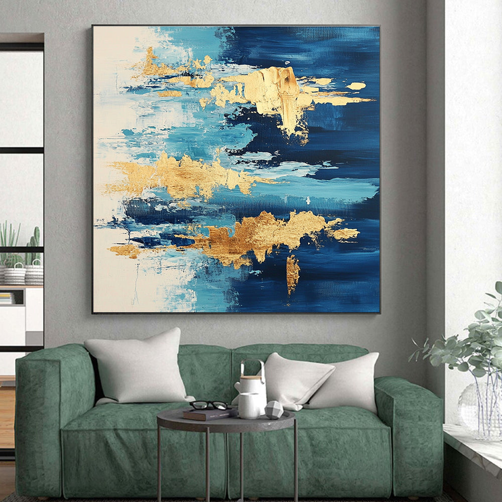 Light Blue and Gold Abstract Painting with Flowing Forms GER373