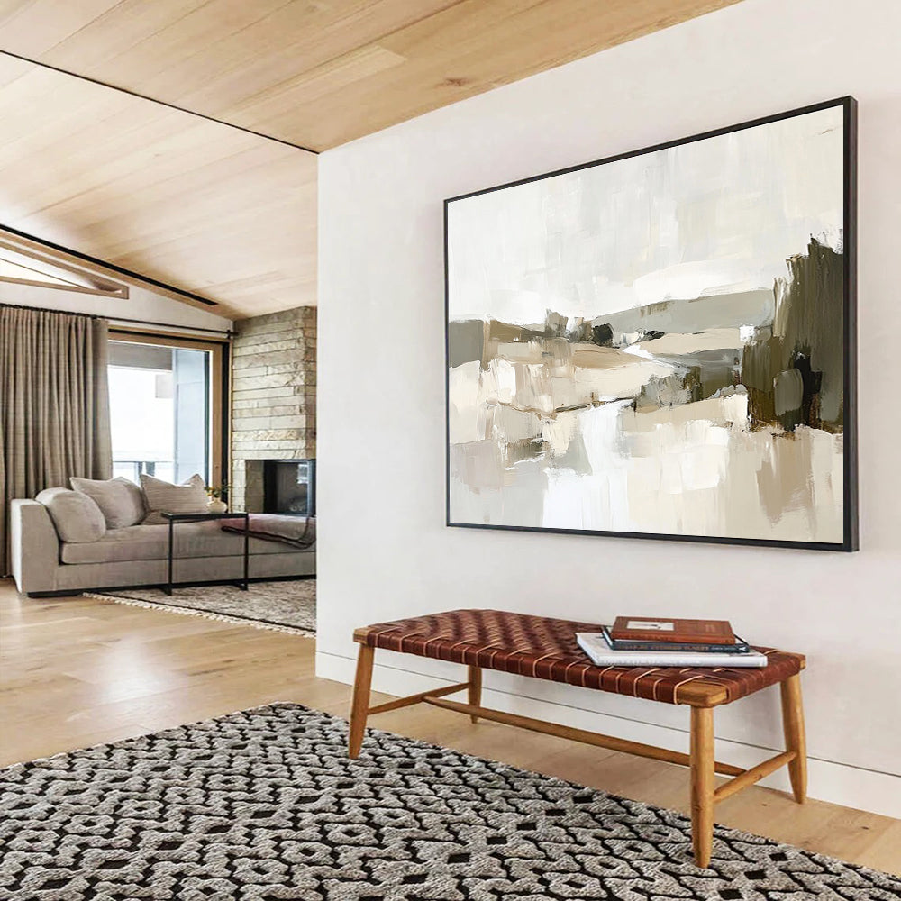 Large abstract oil painting of the French countryside with thick brush strokes depicting a river and hills in muted earth tones.SC128