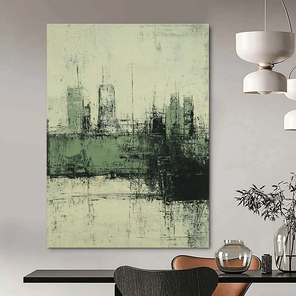 Large abstract painting of the city in muted green and grey tones with a distressed vintage oil paint texture and faded background.STSC339