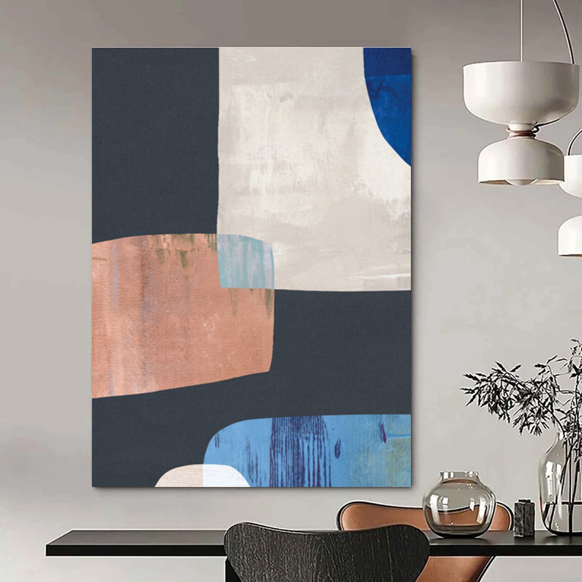 Geometric Abstract with Neutral and Blue Shapes Painting ADGE200