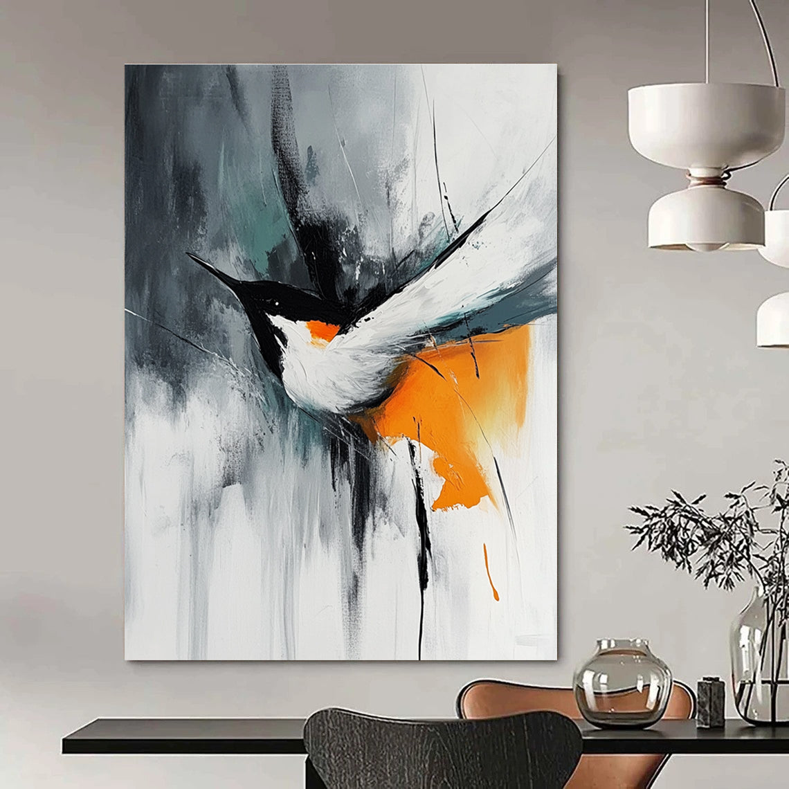 Abstract painting featuring an orange white and black bird in flight with minimalistic brush strokes on a gray background in the style of Marcin Sobas.STSC662