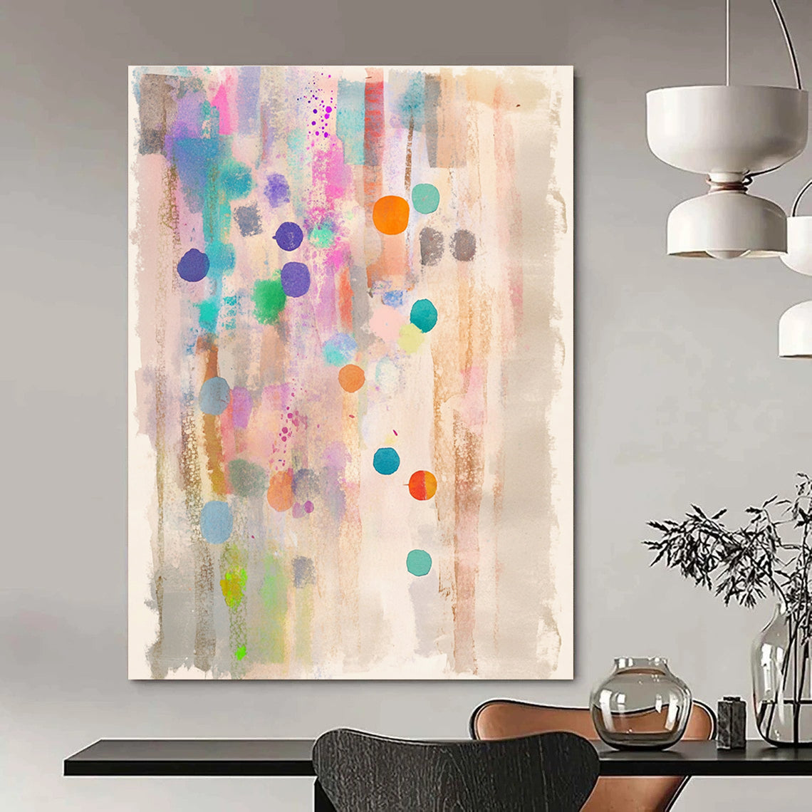 A dreamy watercolor abstract painting with pastel colors dots and stripes on light beige paper featuring a clean white border.STSC988