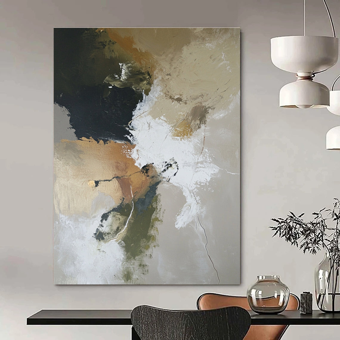 Large abstract painting depicting a desolate landscape with earthy tones and soft lighting in oil on canvas.STSC254