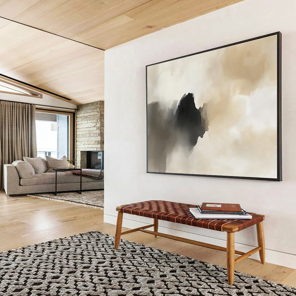 Large abstract painting featuring light gray and dark beige tones with atmospheric clouds soft edges and elegant mysterious emotions.SC222