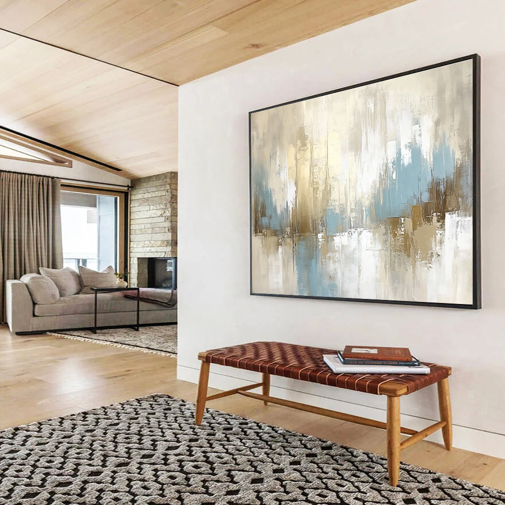 Large abstract painting in beige and white with light blue accents featuring soft tones and dreamy atmosphere for an elegant and tranquil space.SC097