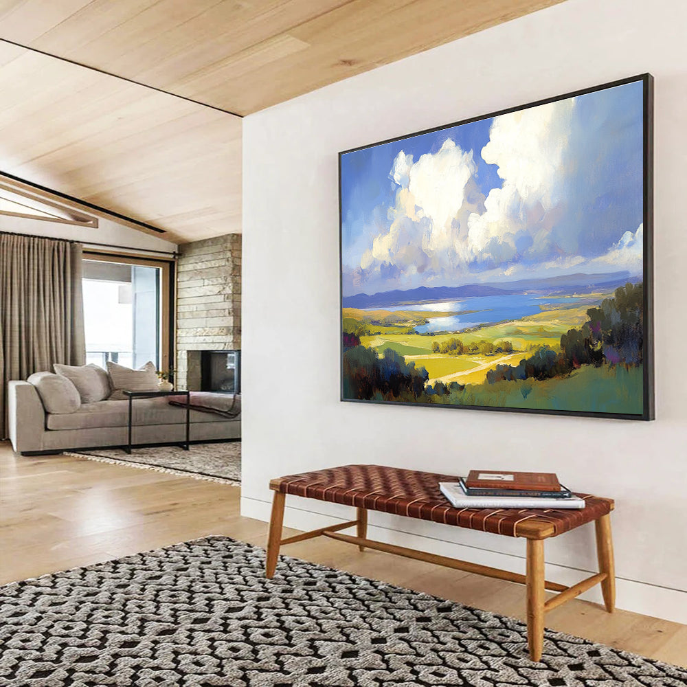 Large abstract painting capturing clouds over the bay area inspired by Gerhartz Sargent and Stats with vibrant colors and dynamic brushwork.SC584