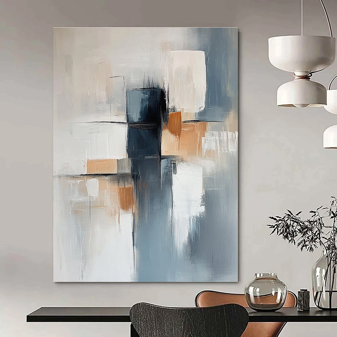 Large abstract painting featuring a light blue and gray background with soft lines and elegant white shapes complemented by dark blocks and warm accents.STSC400