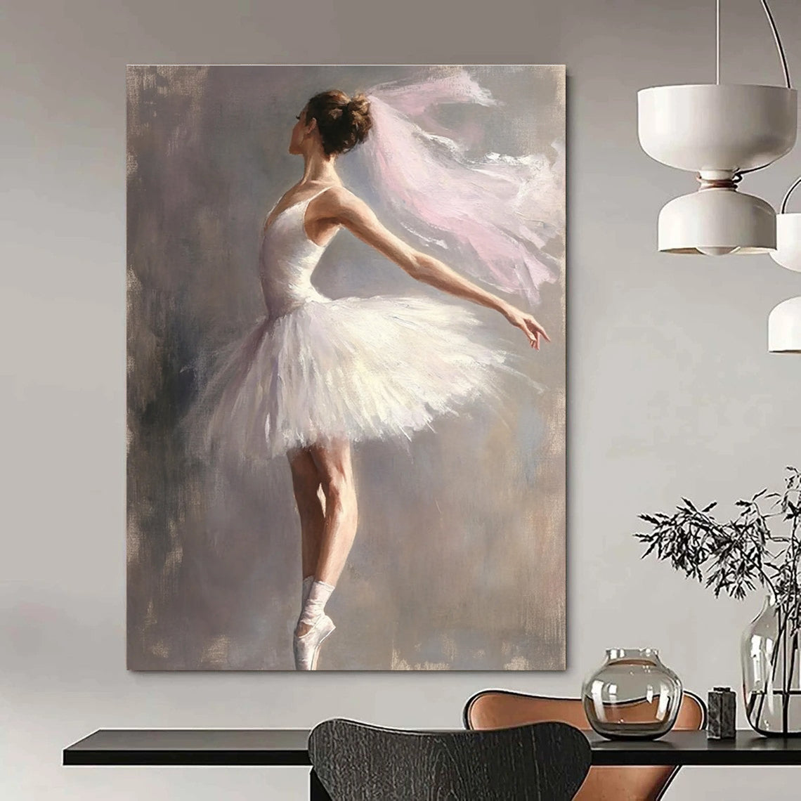 A large abstract painting of a graceful ballerina in a white tutu against a muted gray background capturing elegance and beauty in motion.STSC1004