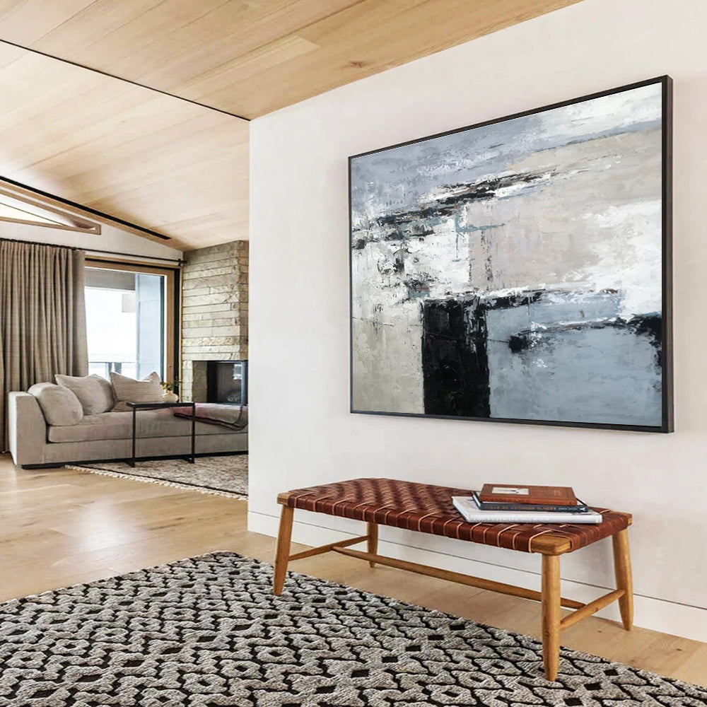 Minimalist Block Abstract Painting with Grey and Black Tones THY152