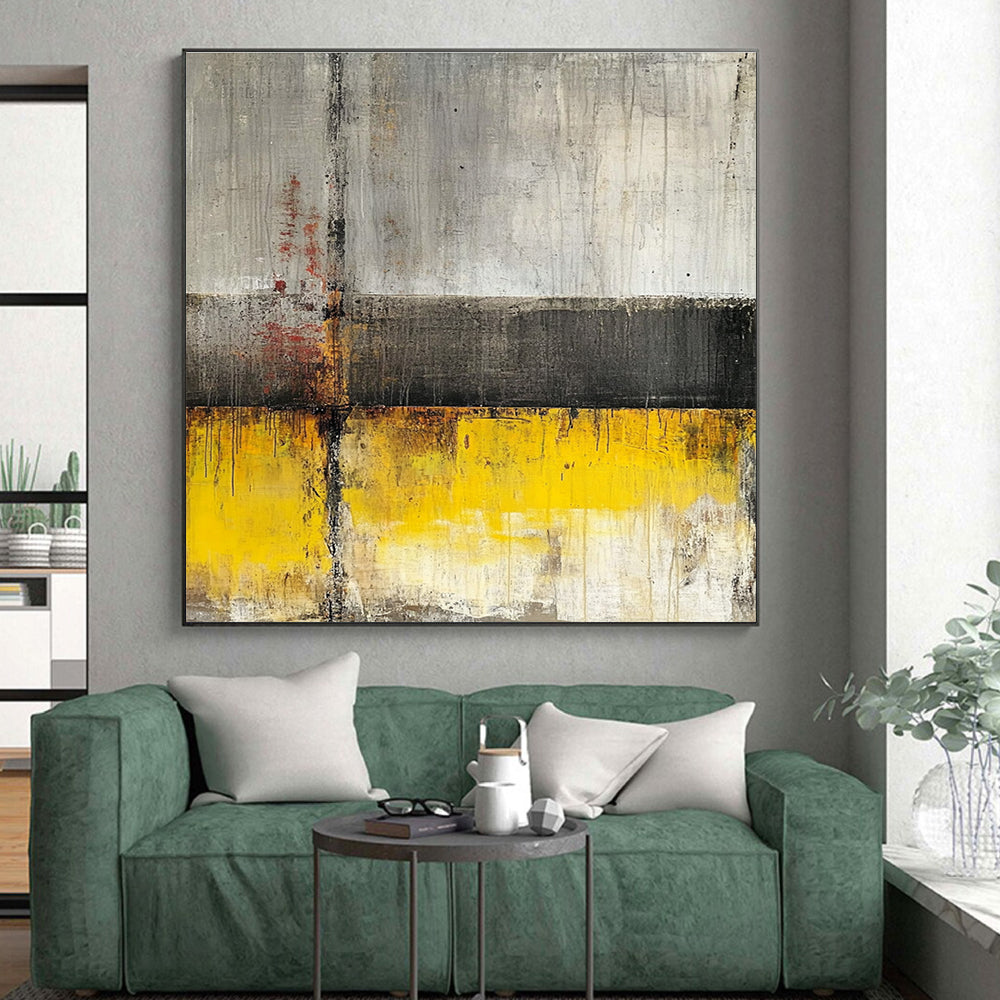 Gray Yellow and Red Abstract Painting with Industrial Vibes GER422