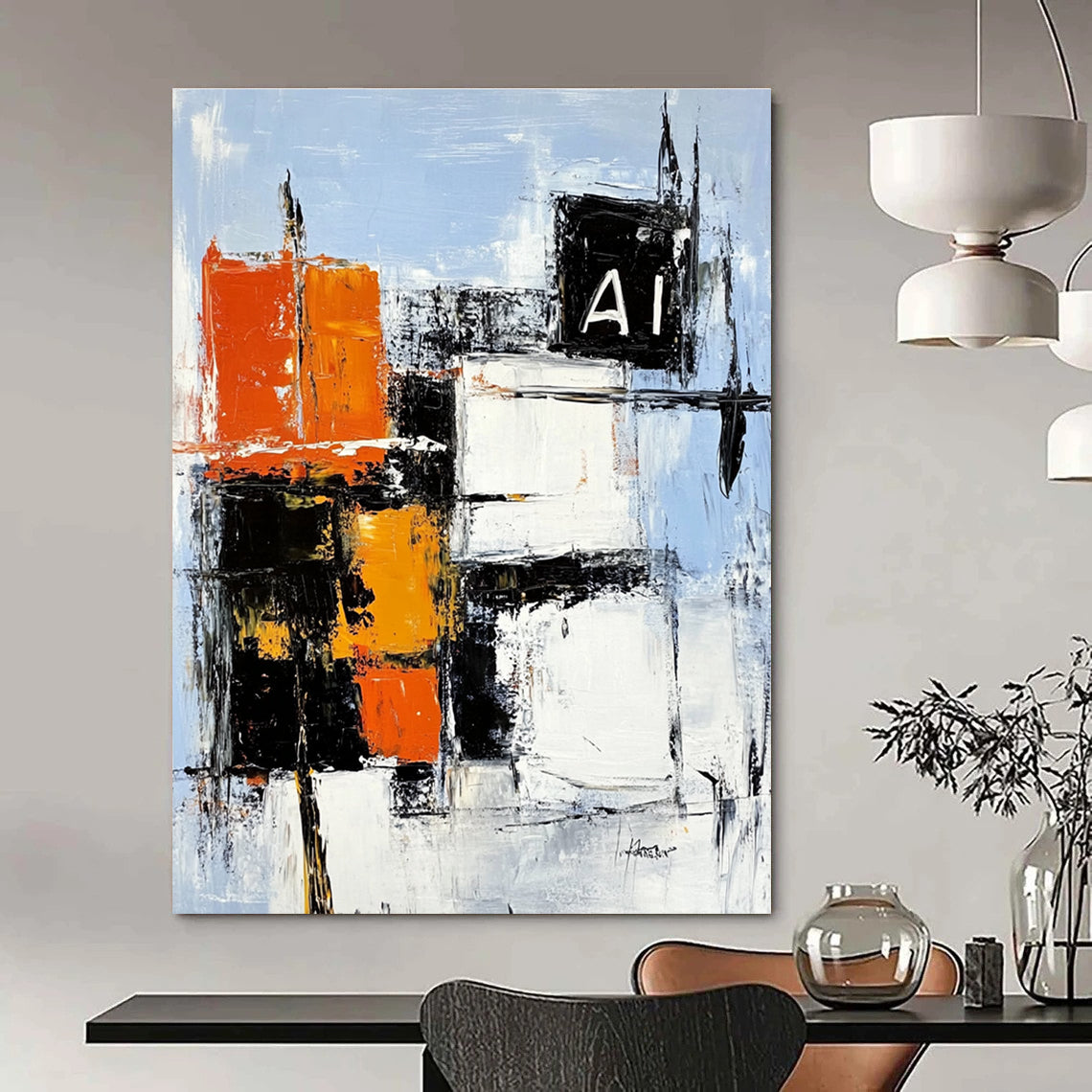 Large abstract painting featuring bold black white and orange building shapes on light blue canvas with dynamic brush strokes and textured layers.STSC742