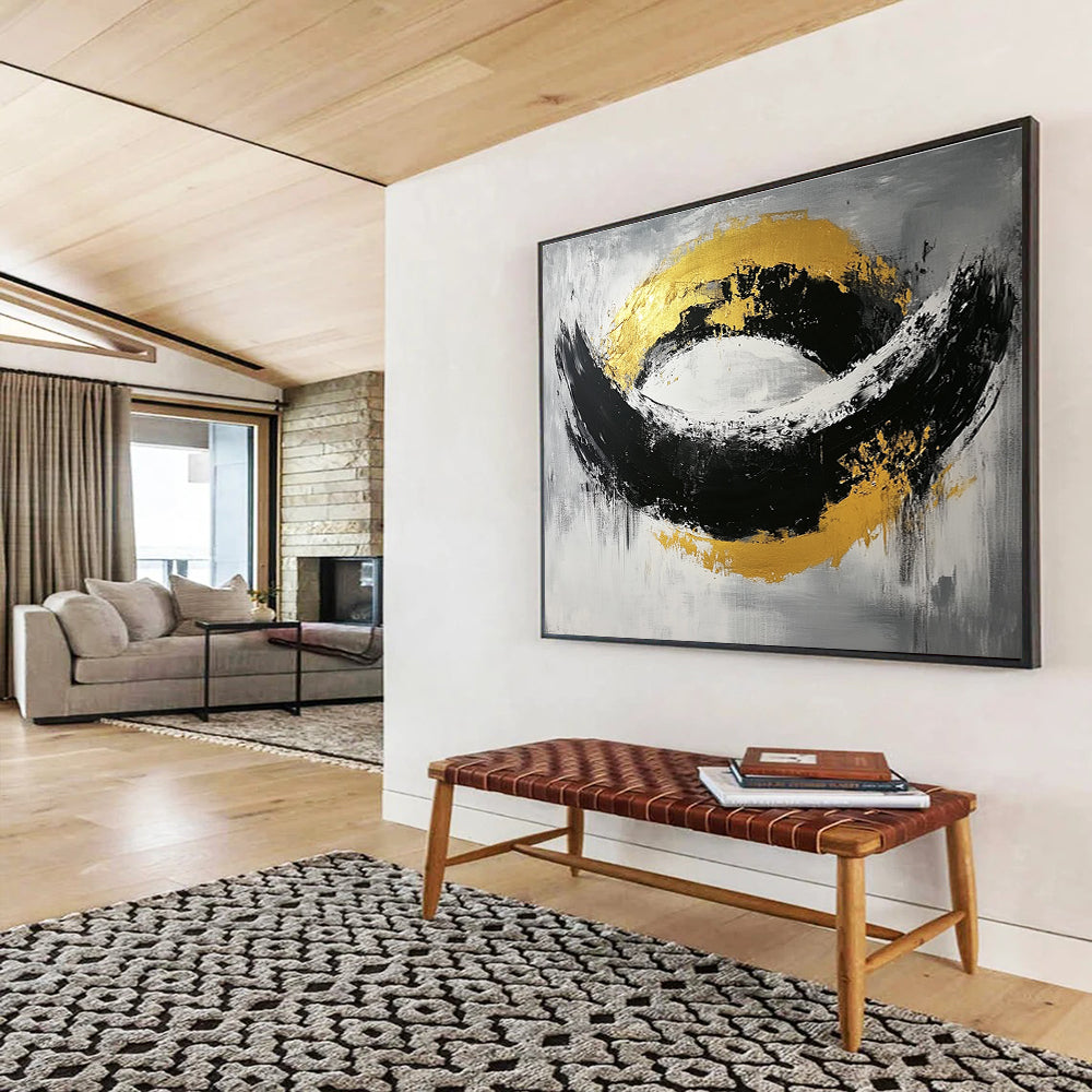 Black White and Gold Abstract Painting with Bold Shapes DYP296