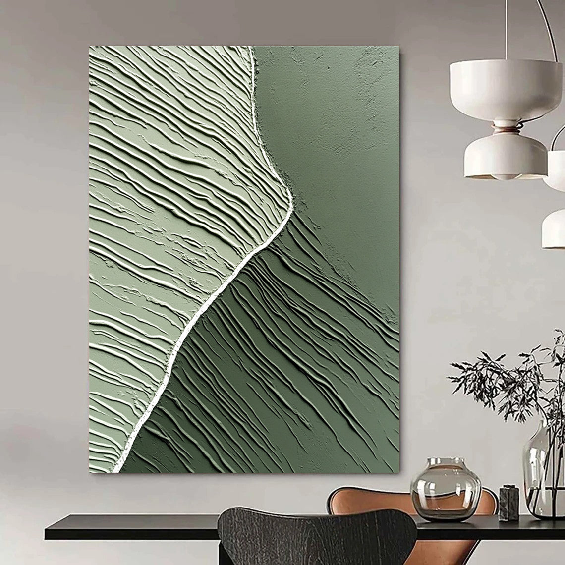 Large abstract artwork featuring smooth gray-green clay textures and a white central line, embodying minimalism and modern aesthetics against a dark background.STSC962