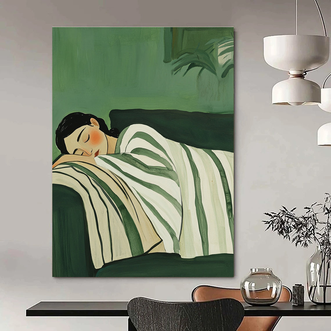 Abstract painting of a woman sleeping on a couch wrapped in a white and green striped blanket on a muted green background.STSC1264