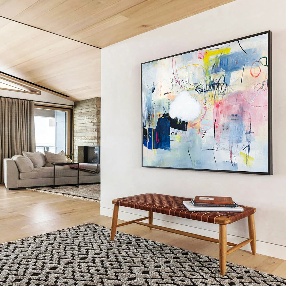 Large abstract painting featuring playful shapes and lines on a light blue background with mixed media collage elements and vibrant textural accents.SC477