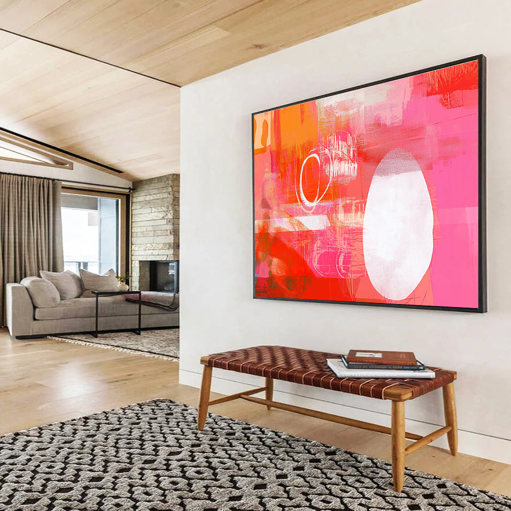 A large abstract artwork featuring a vibrant red and pink collage with energetic shapes and a striking white squiggle line, enhancing its lively composition.SC542